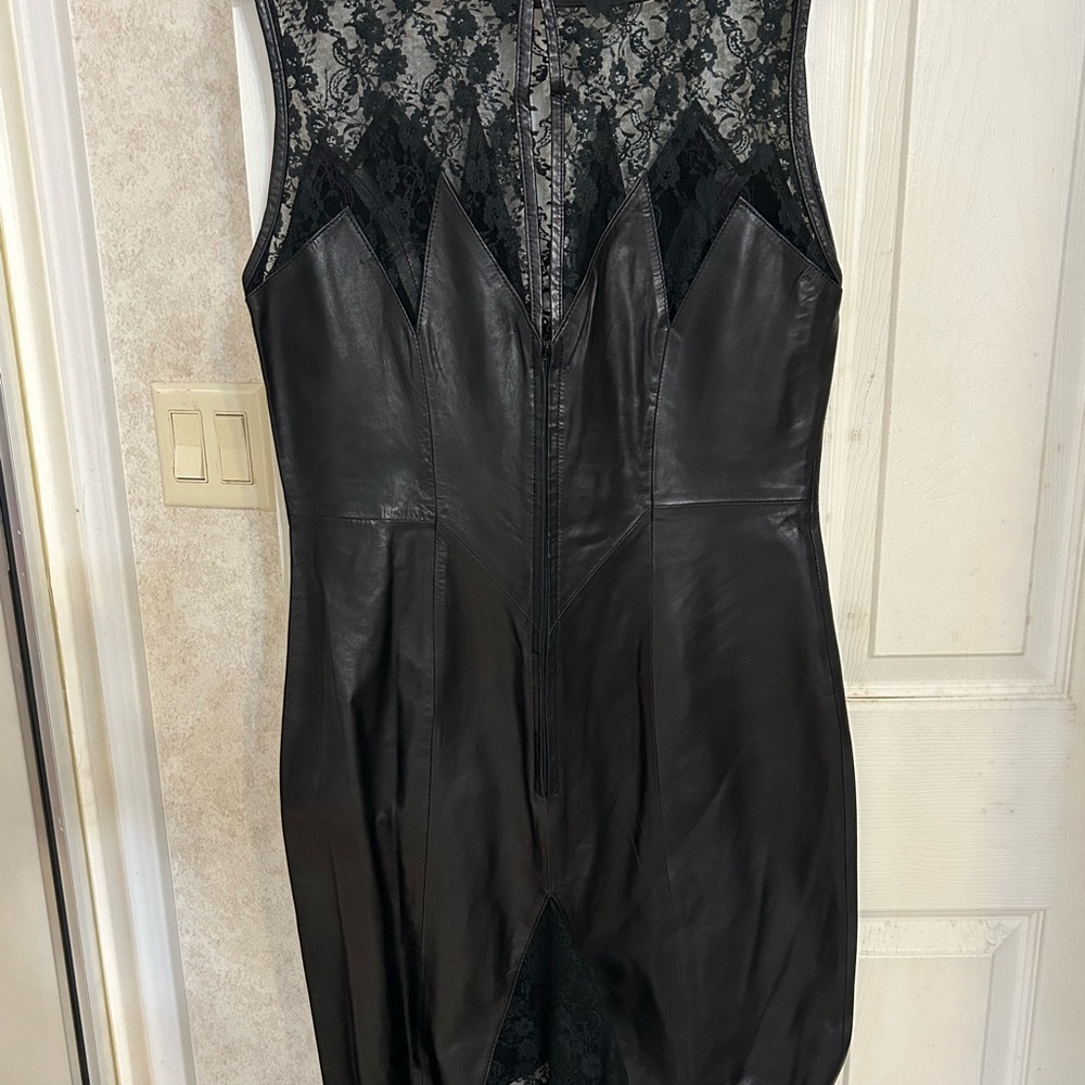 Vakko Black Lace and Leather Dress